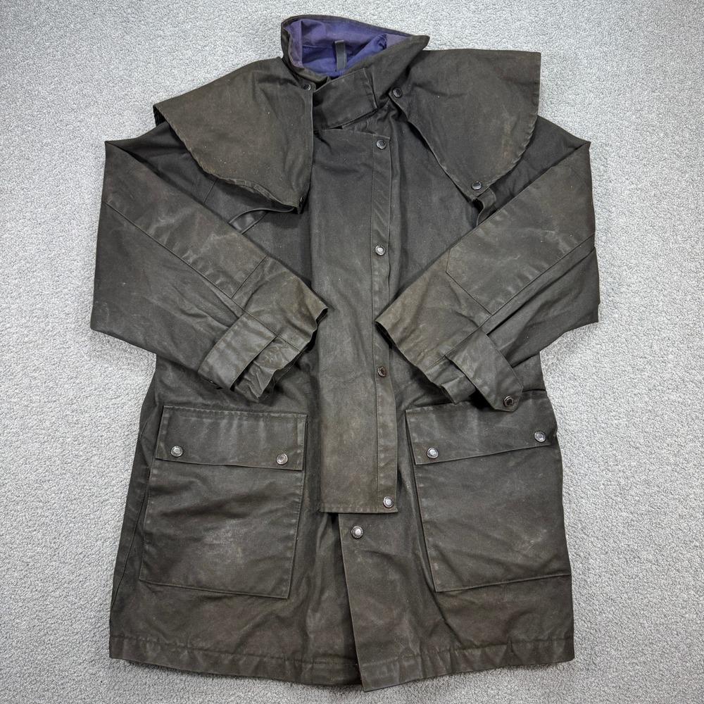 Vintage Australian Outback Duster Jacket Men's Small Black Oilskin Waxed Cotton